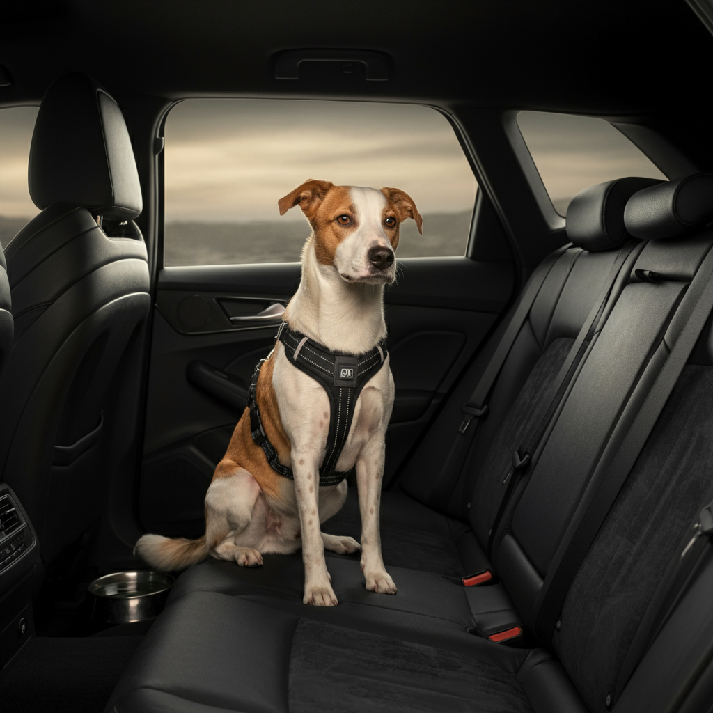 A dog wearing a properly fitted pet seatbelt harness sits calmly in the back seat of a car. The car interior is clean and well-maintained. Soft sunlight streams through the windows, creating a warm and inviting atmosphere. A water bowl is visible on the floor.