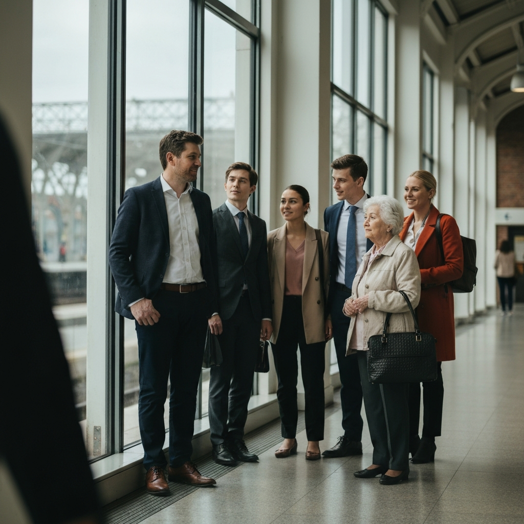 A person standing at an airport check-in counter, holding a small pet carrier. The pet is visible inside, looking calm. The lighting is bright and professional, with a shallow depth of field focusing on the person and the carrier.