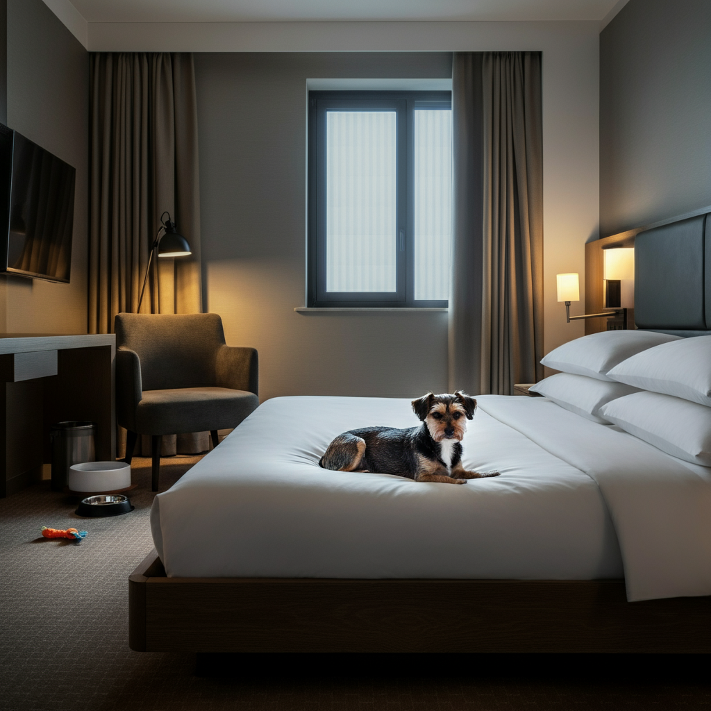 A small dog lies comfortably on its bed in a hotel room. The room is clean and tidy, with soft lighting. A water bowl and a toy are placed near the bed. The dog looks relaxed and content.