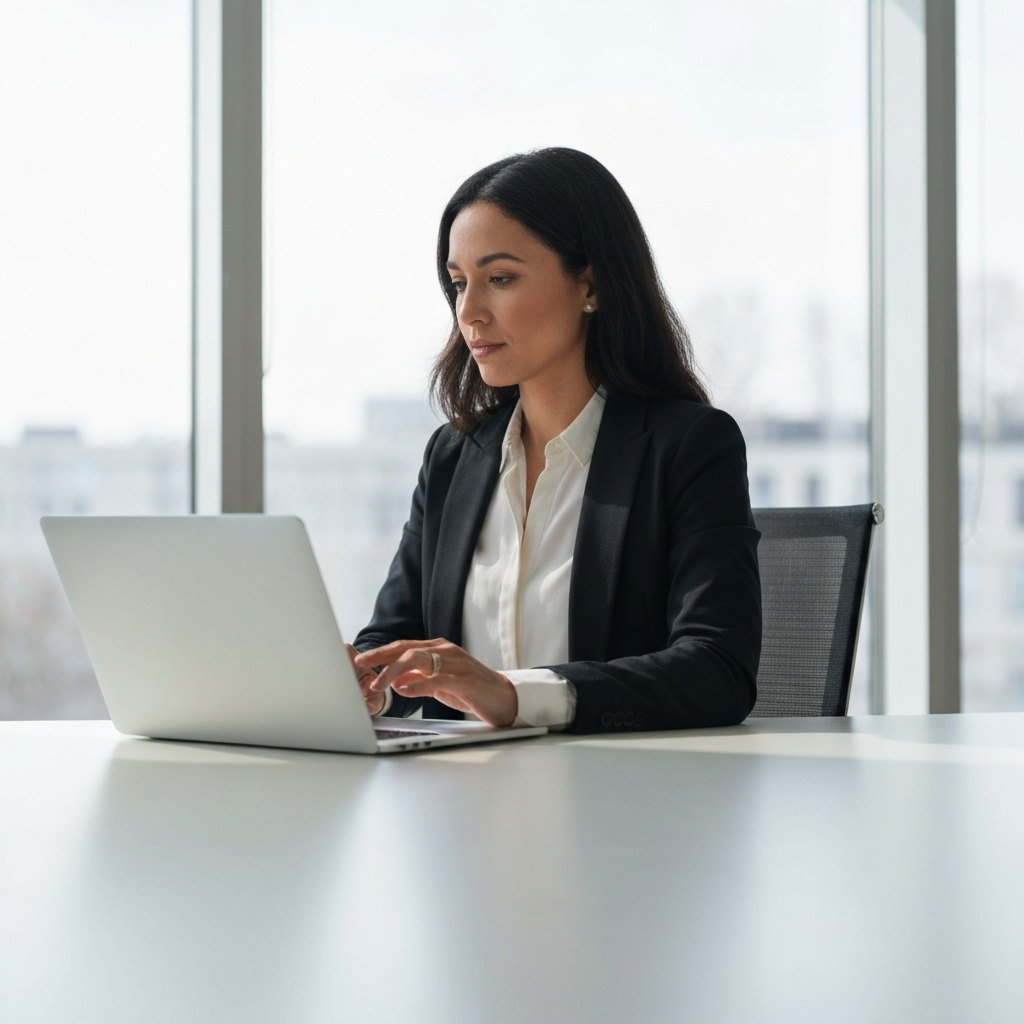 Medium shot of a woman in a bright, modern office setting, casually scrolling through LinkedIn on her laptop. Natural light streams in from a large window, creating a soft bokeh effect in the background.