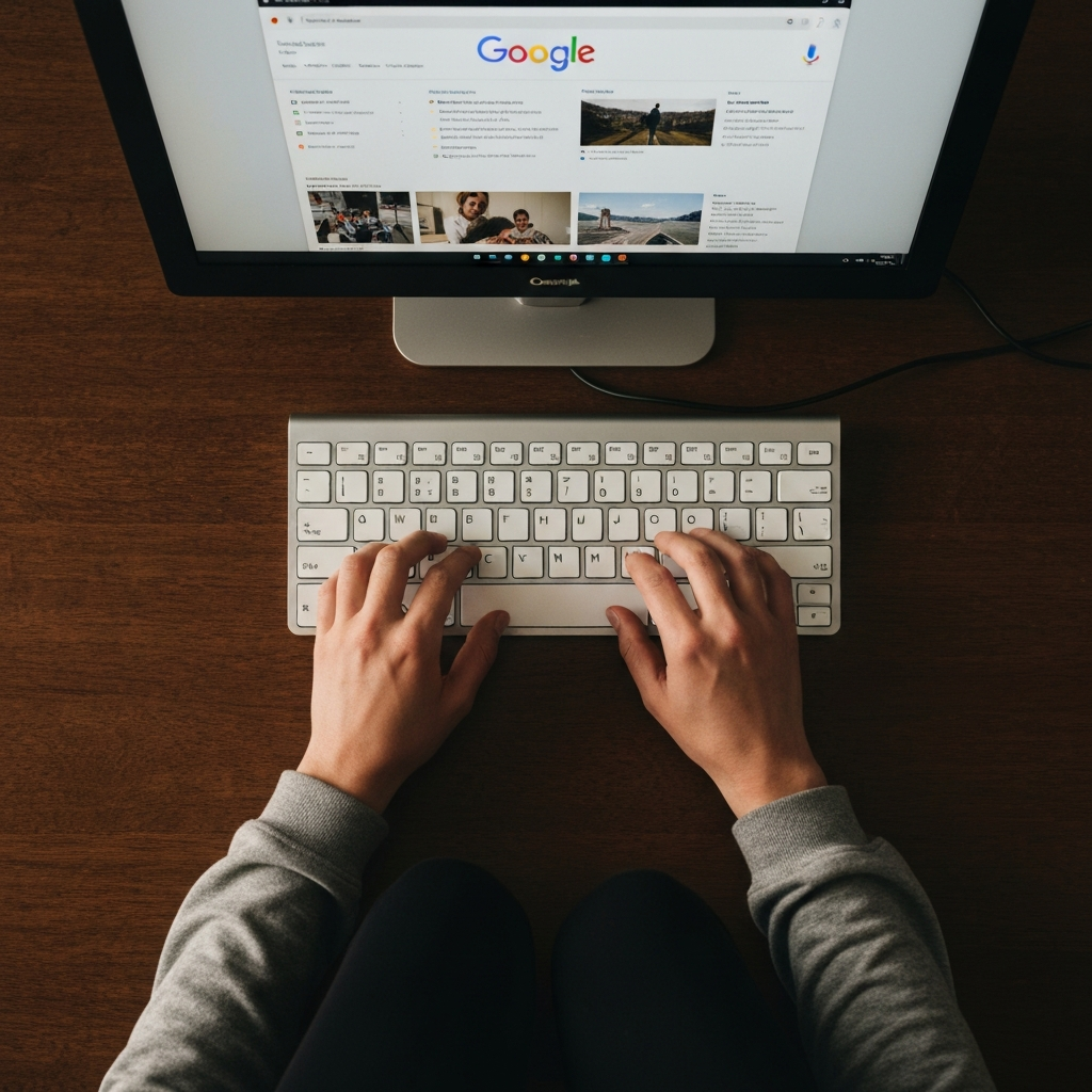 Overhead shot of hands typing on a keyboard, with a Google search results page visible on the monitor. The lighting is soft and even, highlighting the texture of the keyboard keys.
