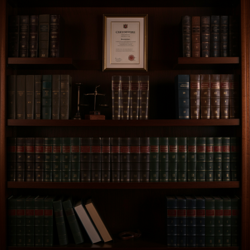 A well-organized bookshelf in a professional office setting, filled with law books and legal documents. The lighting is warm and inviting, with a subtle spotlight on a framed certificate.