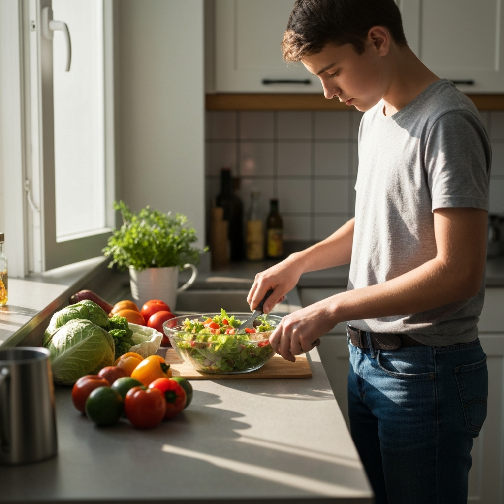 A brightly lit kitchen. A teenager wearing a casual t-shirt and jeans is preparing a colorful salad with various fresh vegetables. Sunlight streams in through the window, highlighting the textures of the produce.