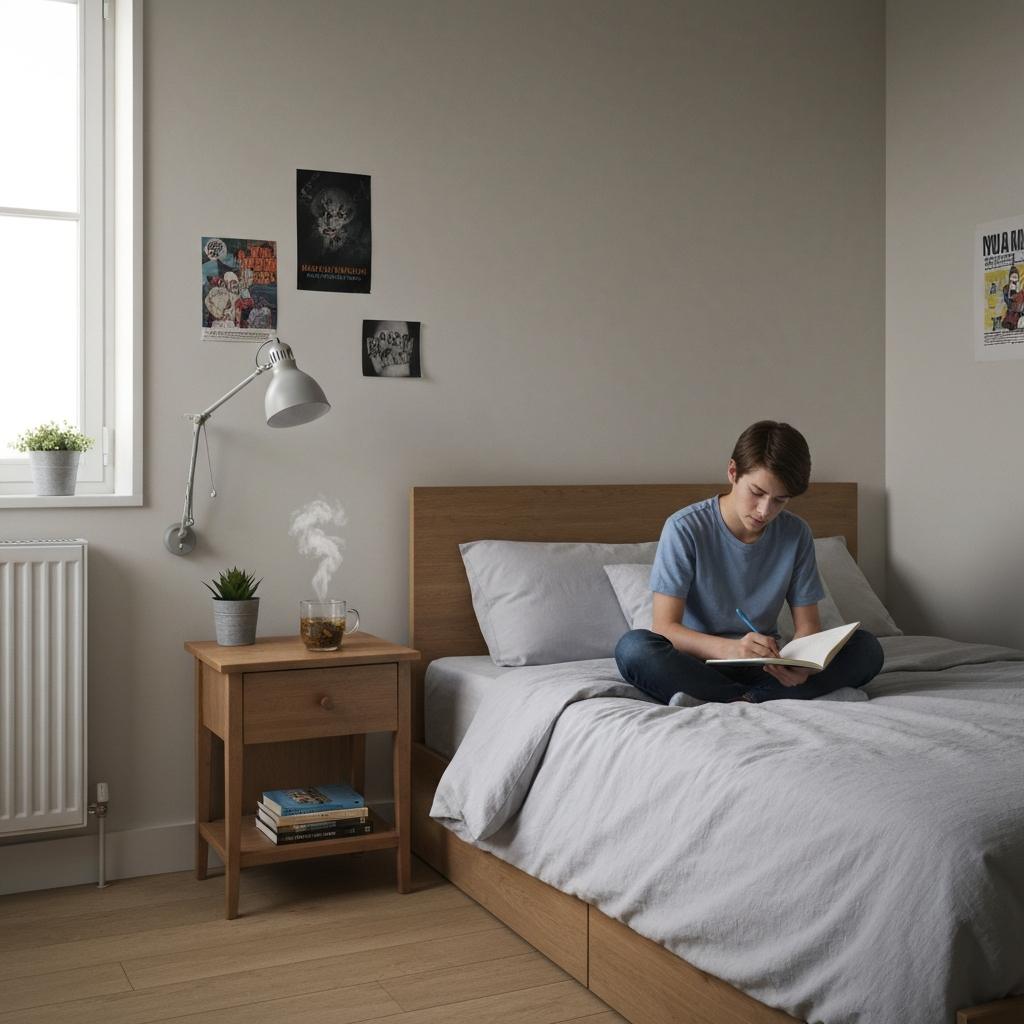 A cozy bedroom with soft lighting. A teenager sits cross-legged on the bed, journaling in a notebook. A cup of herbal tea steams gently on the nightstand. The room is decorated with personal items like posters and books.