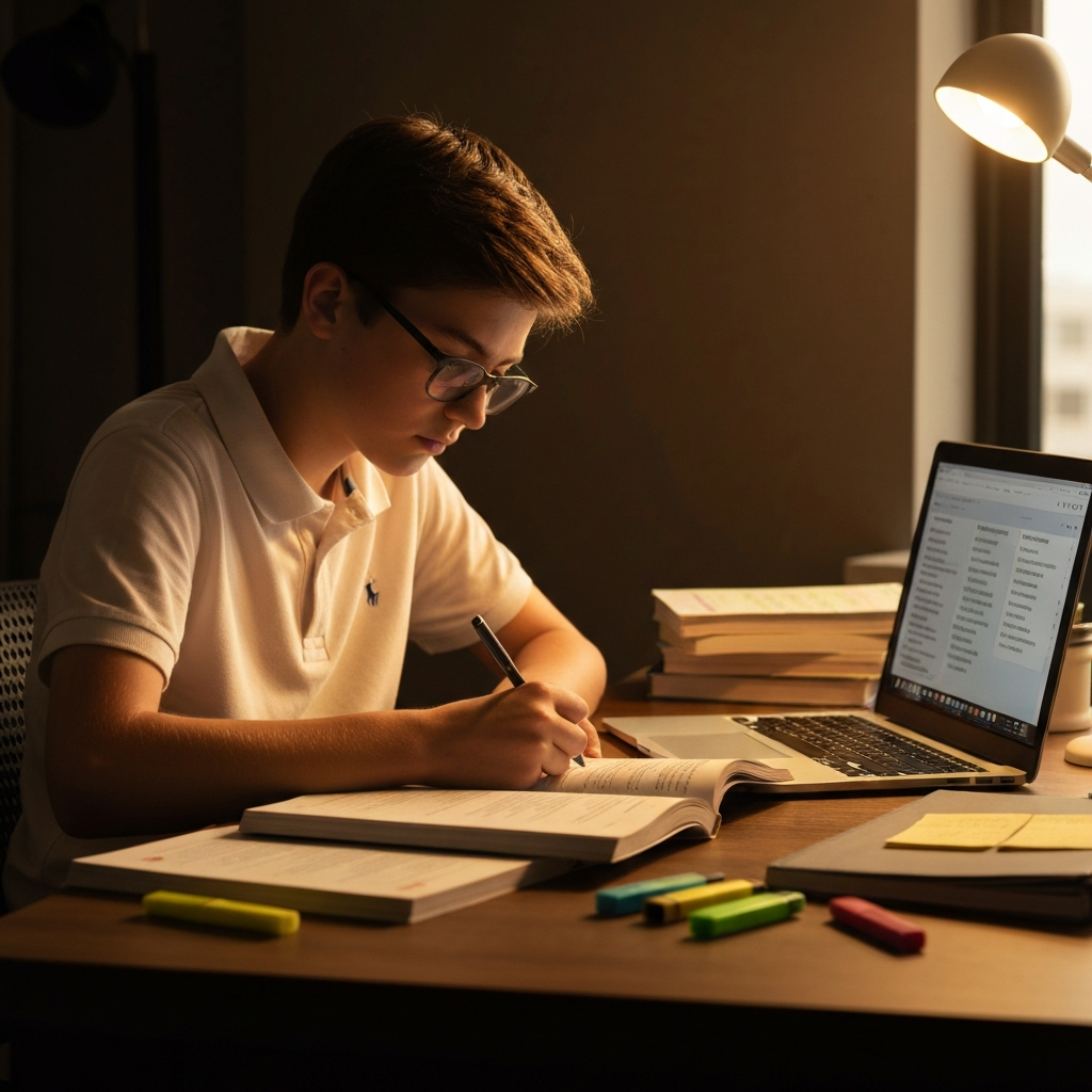 A well-organized desk area bathed in warm, focused light. A teenager, wearing glasses and a neat polo shirt, is diligently working on a textbook with notes and highlighters arranged neatly around them. A laptop stands open with a study aid visible on the screen.