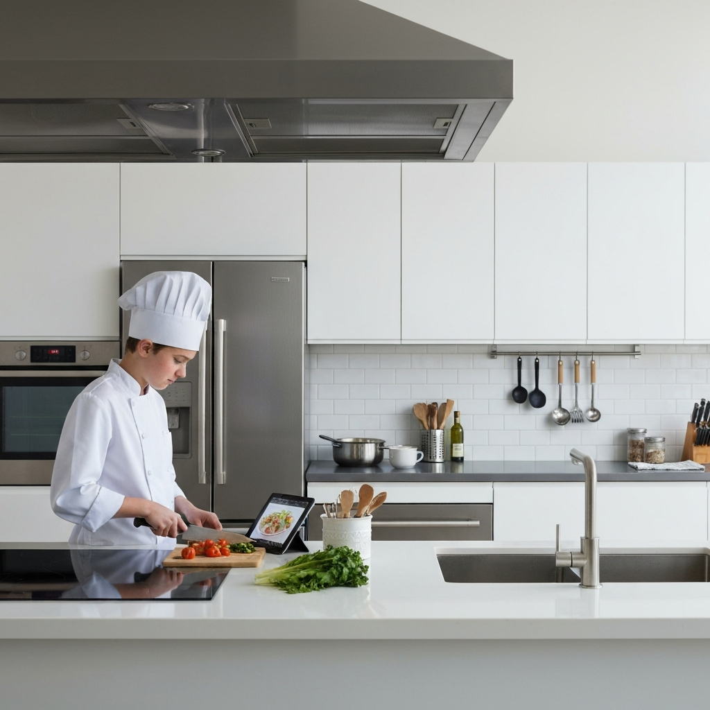 A modern kitchen with stainless steel appliances. A teenager wearing a chef's hat is carefully chopping vegetables on a cutting board, following a recipe displayed on a tablet. The kitchen is clean and organized, with cooking utensils neatly arranged.