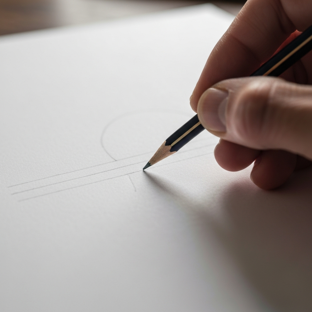 A close-up shot of a hand gently sketching two light lines on white drawing paper. The pencil is held at a shallow angle. Soft shadows accentuate the texture of the paper.