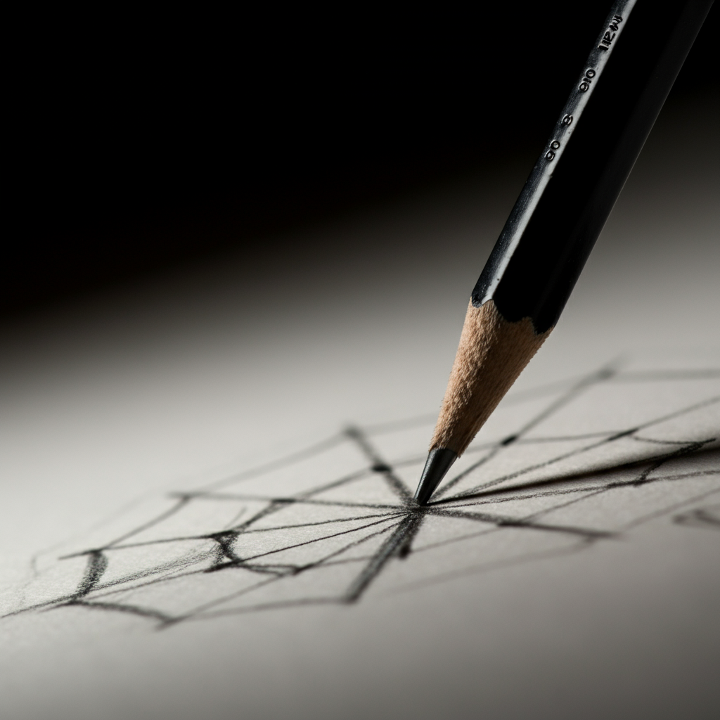 A detailed close-up of the umbrella sketch, showing the evenly spaced dots indicating the rib placements. The focus is sharp on the pencil tip and the paper texture.