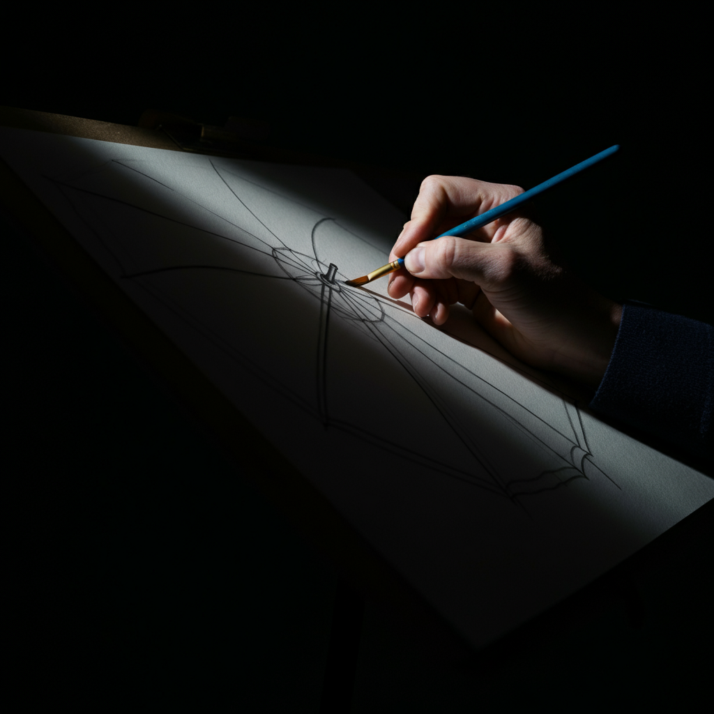 An artist's hand drawing the curved lines representing the umbrella ribs, connecting the previously placed dots. The light source is from the side, casting soft shadows that define the curves.