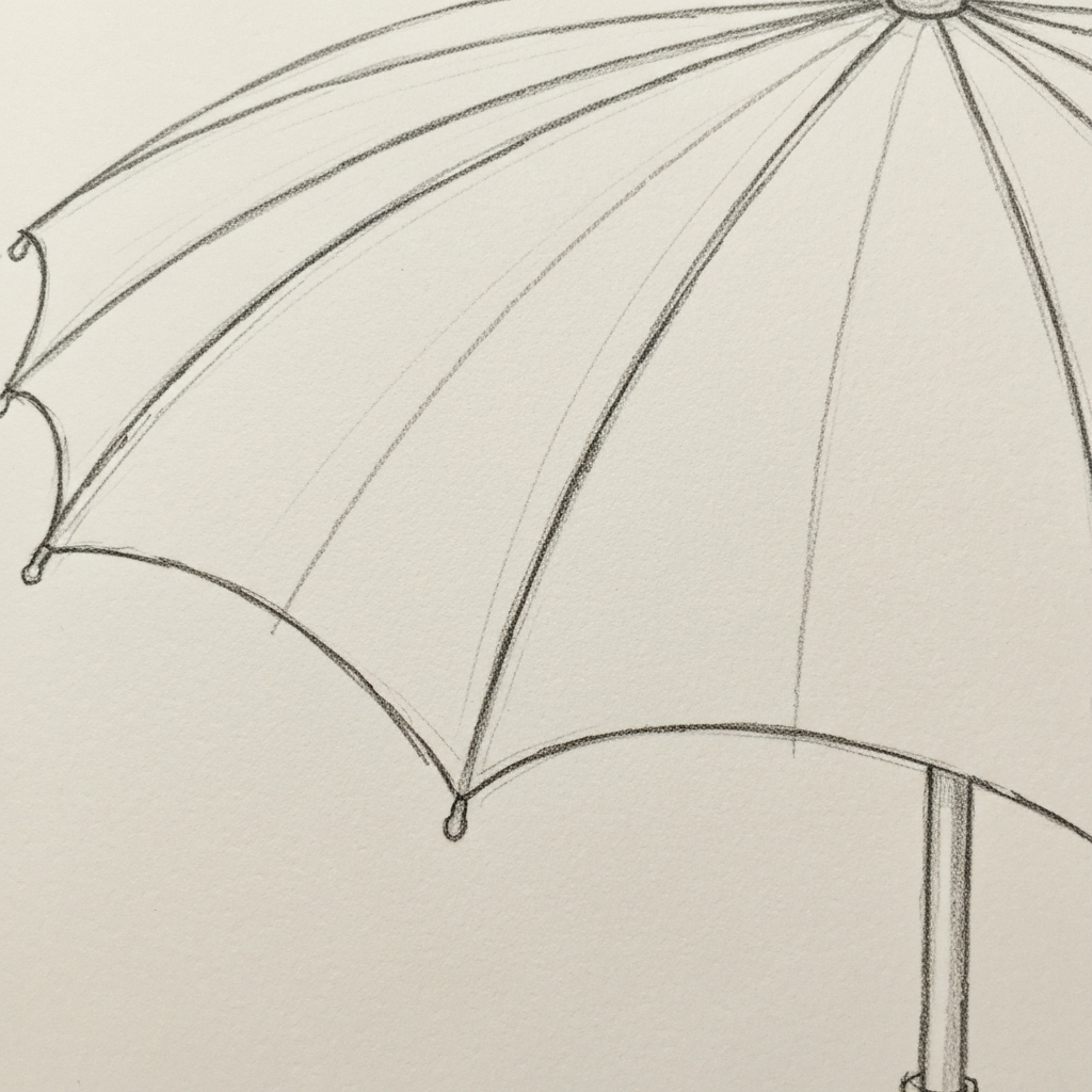 A close-up view of the bottom edge of the umbrella sketch, showcasing the scalloped detail. The lines are clean and precise, with a soft gradient effect.