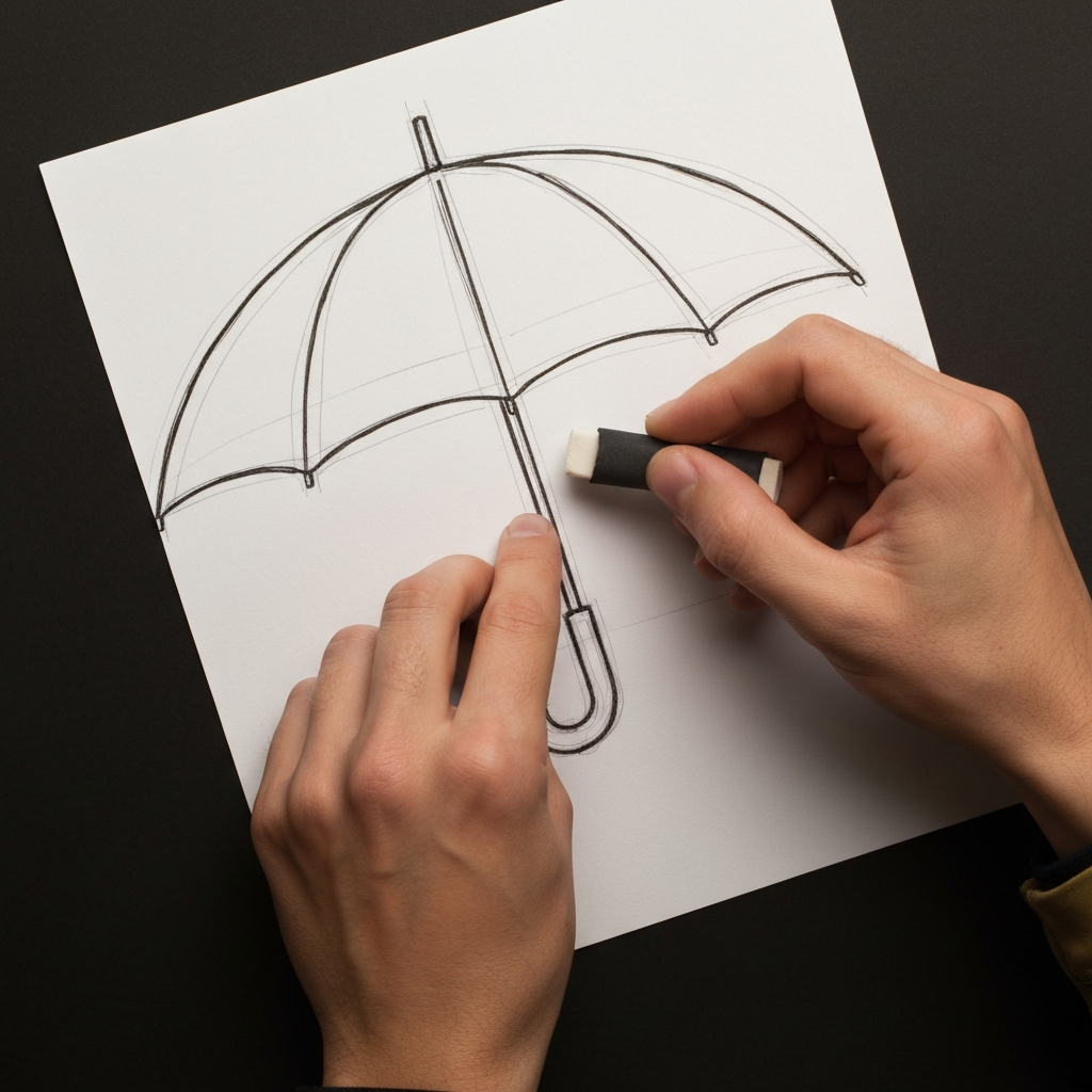 A pair of hands carefully erasing the guidelines from the umbrella sketch using a kneaded eraser. The remaining lines are clean and well-defined.