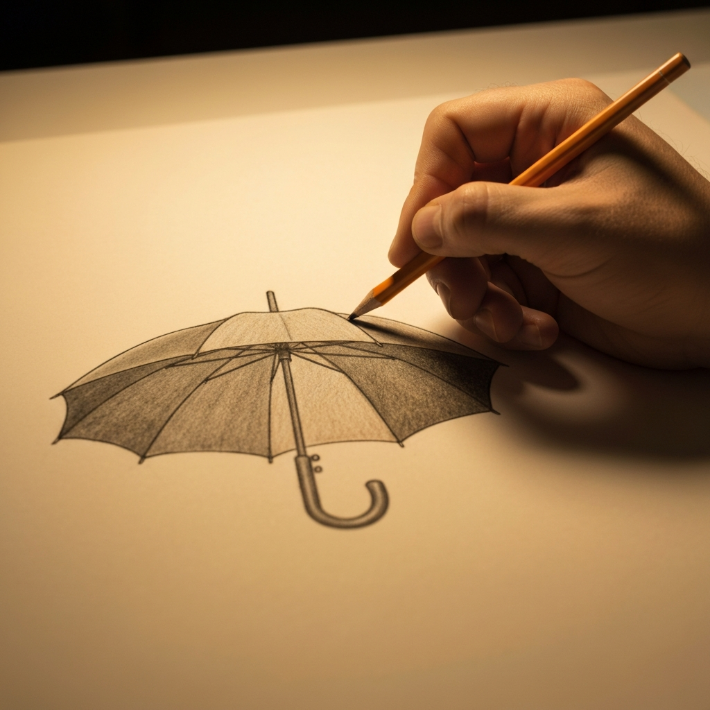 An artist carefully shading the umbrella drawing with colored pencils, using a range of tones to create depth and dimension. The lighting is warm and inviting.