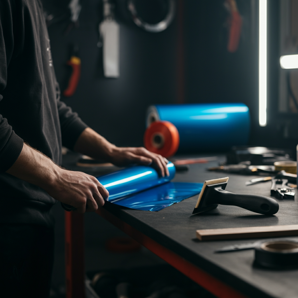 A well-organized workbench with a variety of car wrapping tools neatly arranged. A roll of vibrant blue vinyl wrap takes center stage, catching the light. Soft bokeh in the background suggests a professional garage setting. The focus is sharp on the squeegee with its felt edge.