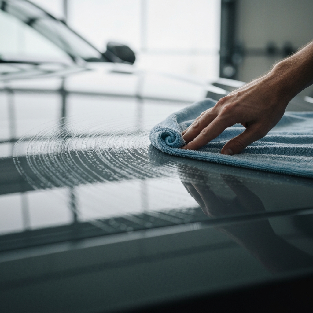 A close-up shot of a car hood being meticulously cleaned with a microfiber towel. The hood is reflecting the soft light of a garage. Focus is on the swirling pattern of the towel removing imperfections.