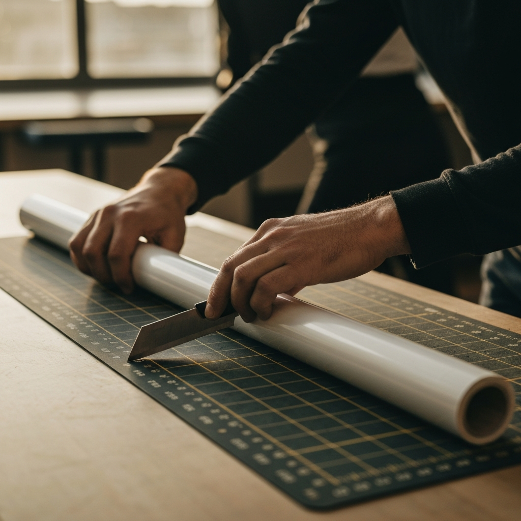 Hands carefully measuring a roll of vinyl wrap on a large cutting mat. A sharp blade is positioned to make a precise cut. Natural light illuminates the workspace, showcasing the texture of the vinyl.