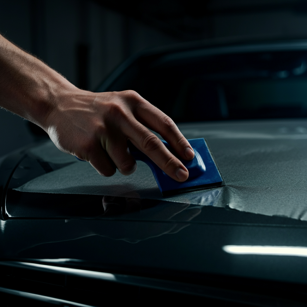 A hand holding a felt-edged squeegee, pressing down on a section of vinyl wrap on a car hood. The texture of the vinyl is visible, and the angle shows the direction of the squeegee stroke. Side-lit, showcasing texture.