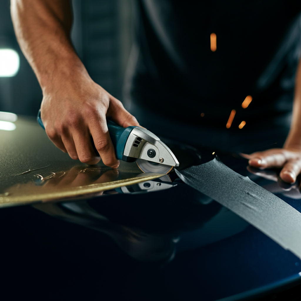 A close-up of a sharp blade trimming excess vinyl around the edge of a car hood. The blade is held at a precise angle, and the focus is on the clean cut. Shallow depth of field to emphasize sharpness.