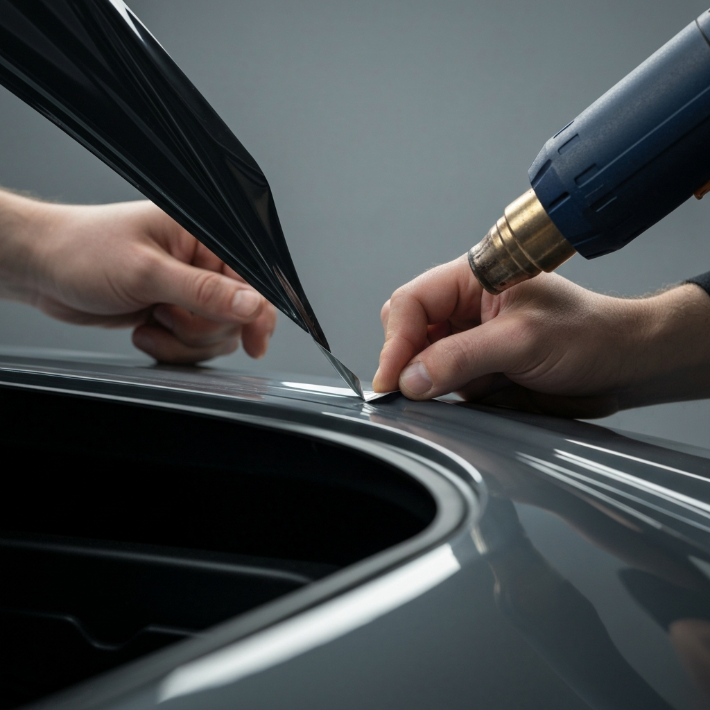 Fingers carefully tucking the edge of vinyl wrap under the car hood. A heat gun is nearby, ready to be used. The lighting is soft and highlights the precision of the work.