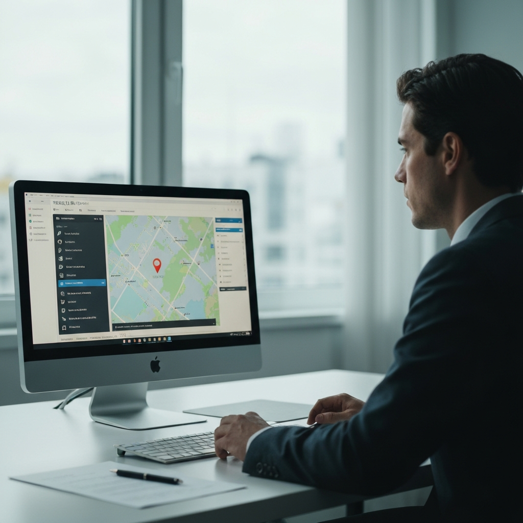 An office environment. A person sits at a desk, focused on a computer screen displaying the TRACE 3D Plus software interface. Soft, diffused light fills the room. The monitor displays a map interface with a location pin. A pen and paper are on the desk.