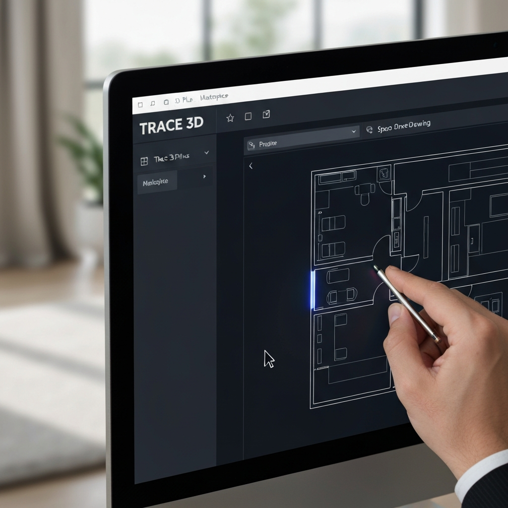 Close-up shot of a computer screen. TRACE 3D Plus is open, displaying a floor plan being traced with the space drawing tool. Fine lines are highlighted with a crisp glow against a dark interface. The mouse cursor is visible and active.