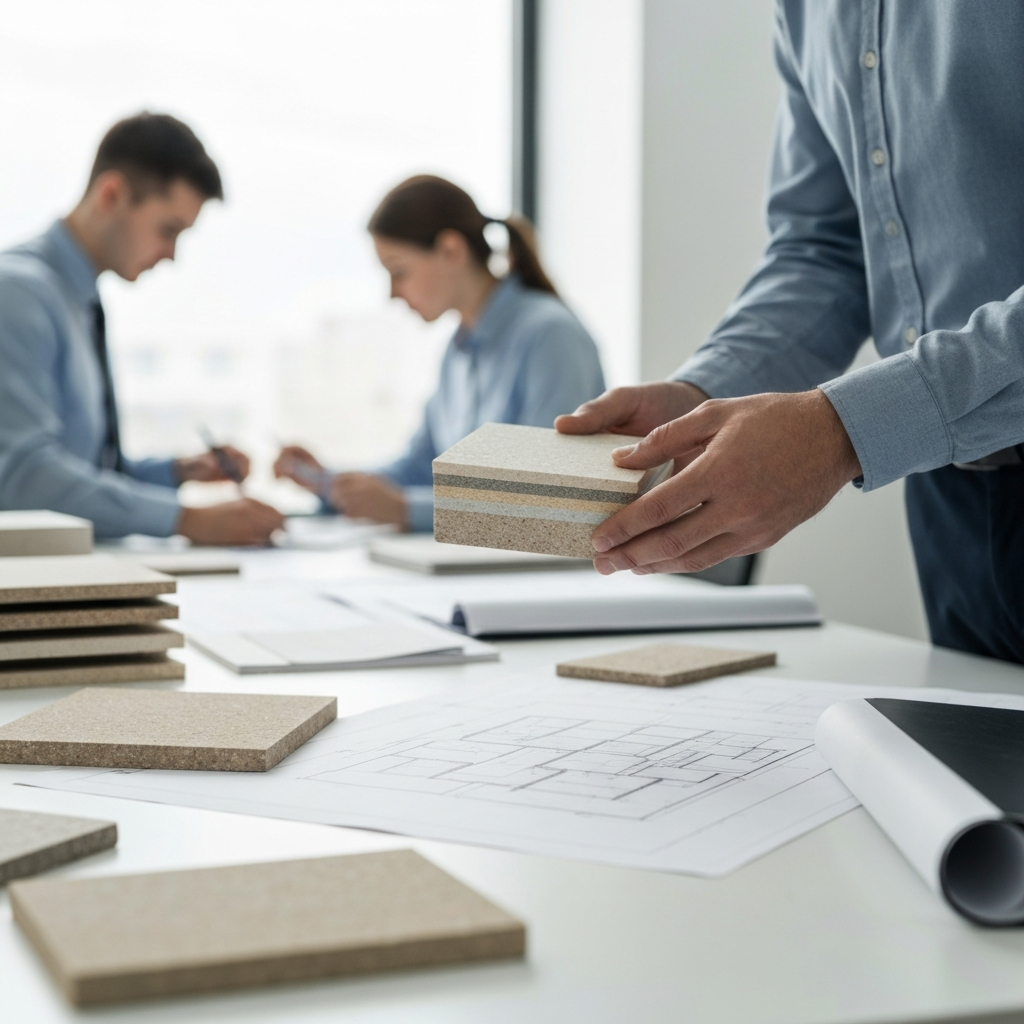 A brightly lit architectural office. Material samples and blueprints are scattered on a large table. A person is holding a cross-section of a wall sample, examining its layers. Soft bokeh in the background shows engineers working.