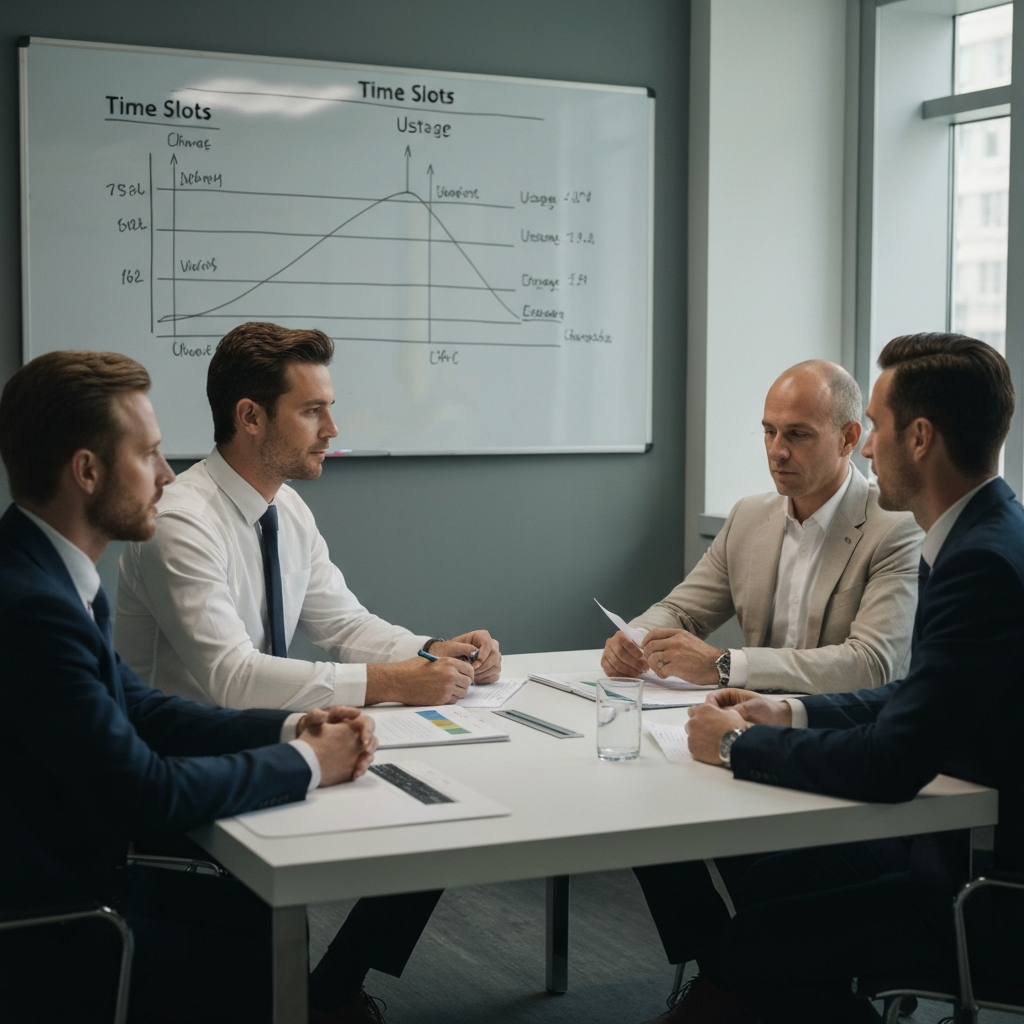 A conference room. A partially visible whiteboard shows time slots and usage patterns. A small group of professionals sits around a table, discussing energy consumption and HVAC needs.