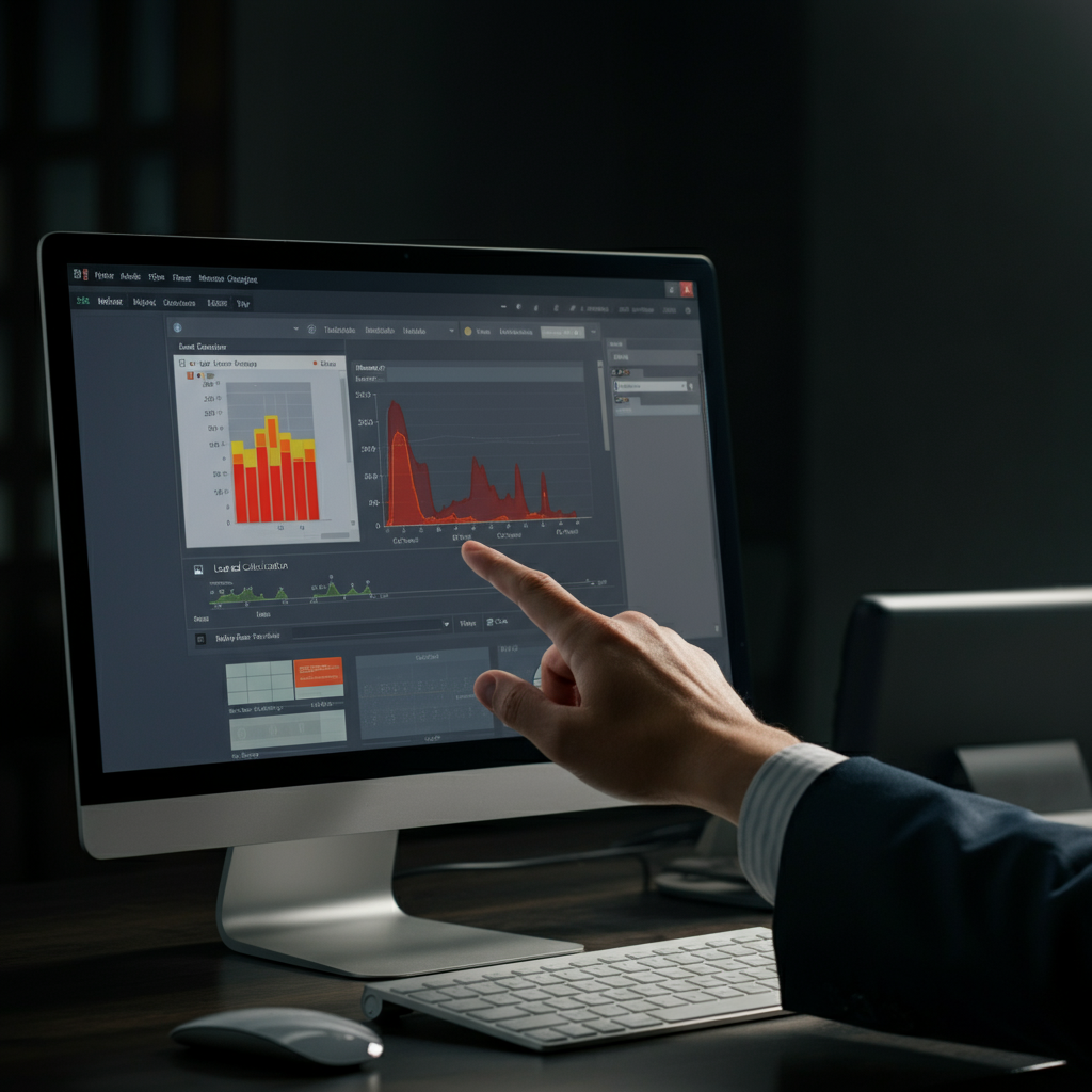 A computer screen showing a load calculation report from TRACE 3D Plus. Graphs and charts are visible, highlighting heating and cooling loads. A hand points to a specific data point on the screen. Soft lighting on the screen enhances readability.