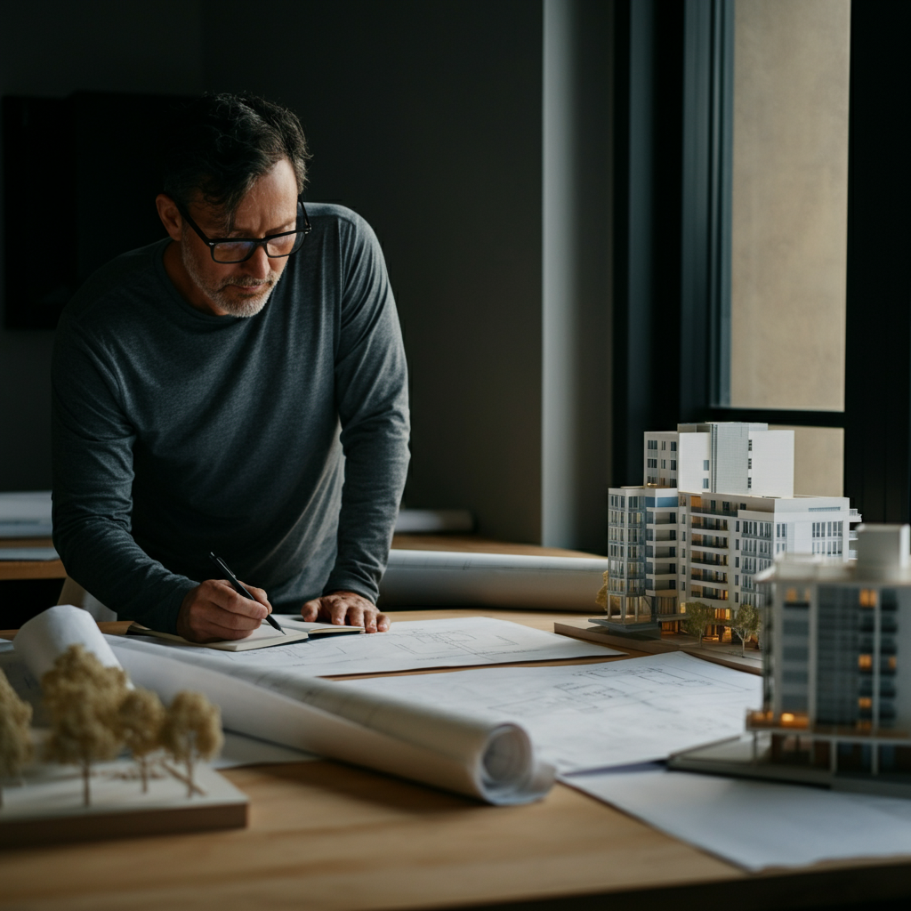 An engineer is reviewing building plans and sketching ideas on a notepad. They are surrounded by architectural models and energy-efficient design resources. Natural sunlight streams in through a large window.