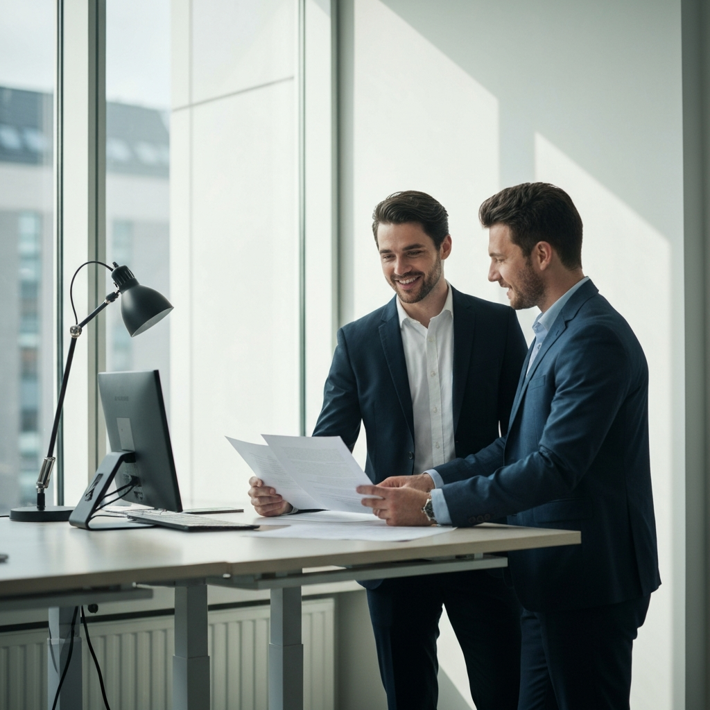 A brightly lit, modern office setting. Two colleagues are engaged in a friendly discussion, reviewing documents together at a standing desk. Natural light streams through a large window, highlighting the crisp textures of the paperwork.