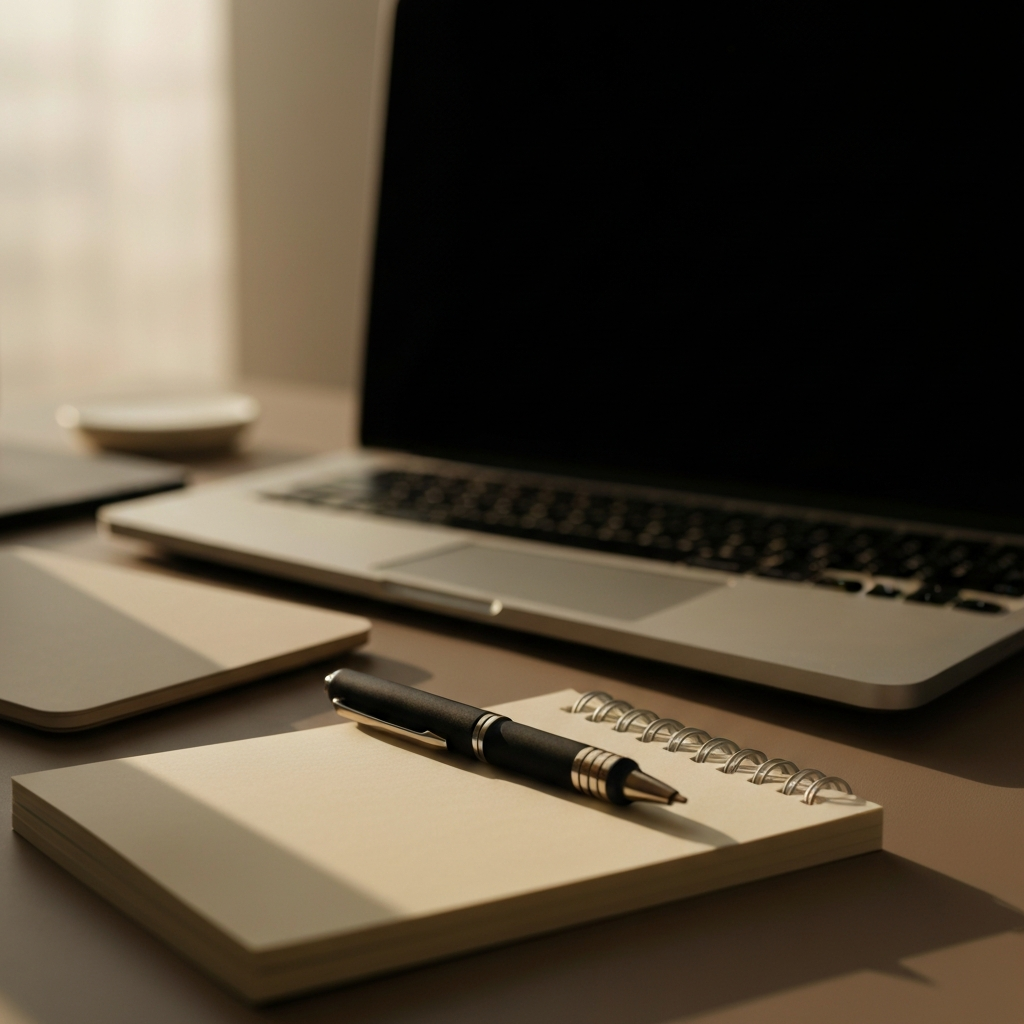 A minimalist desk setup featuring a high-quality pen resting on a notepad alongside a laptop. Soft, warm lighting casts subtle shadows, emphasizing the texture of the paper and the sleek design of the technology.