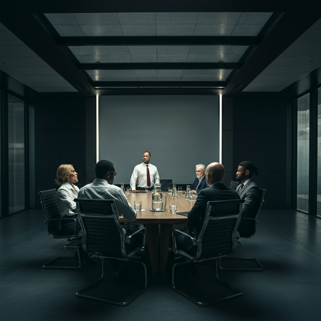 A conference room with a large table surrounded by professionals in business attire. The scene is slightly blurred to indicate it is a recollection of a previous meeting. The room is lit with cool, professional lighting.