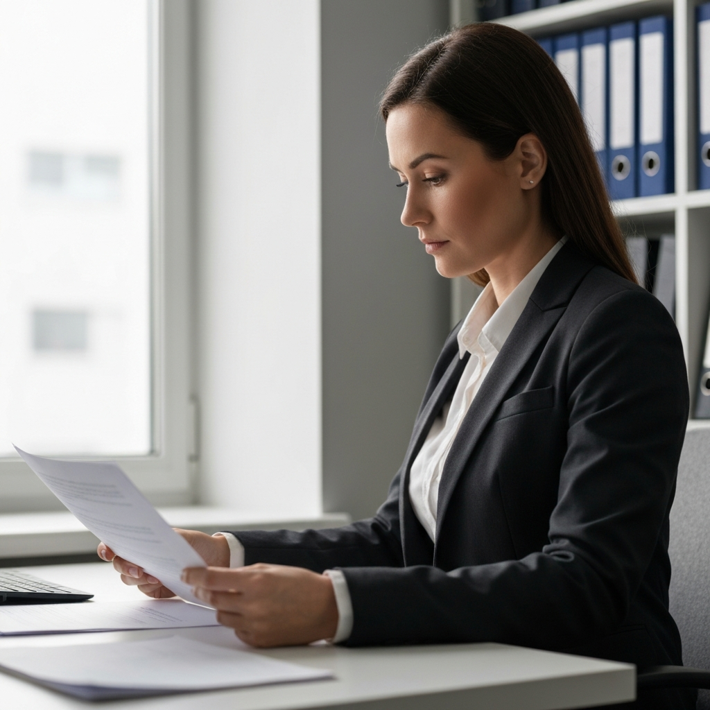 A woman in a business suit sits at a desk, side-lit by a window. Her focused expression and slightly furrowed brow suggest concentration as she reviews documents. The room is tidy and professional.