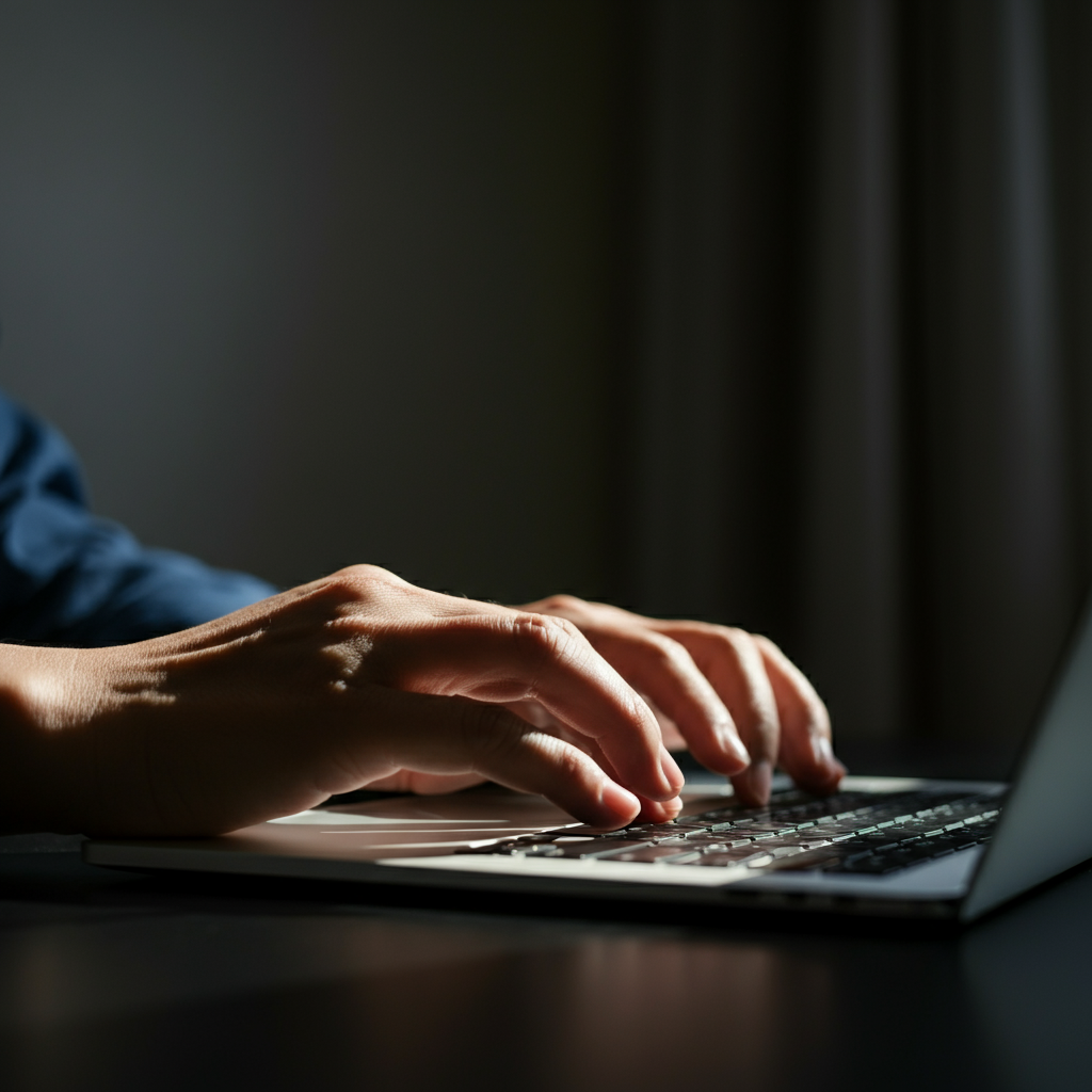 Hands typing on a laptop keyboard, with a blurry background showing a person working in a home office. The light is soft and warm, creating a sense of calm and focused work.