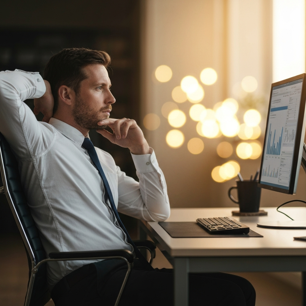 A professional in a business casual outfit is leaning back in their chair, thoughtfully looking at a second monitor with data. Soft bokeh from office lights behind them. A clean desk and minimal clutter.