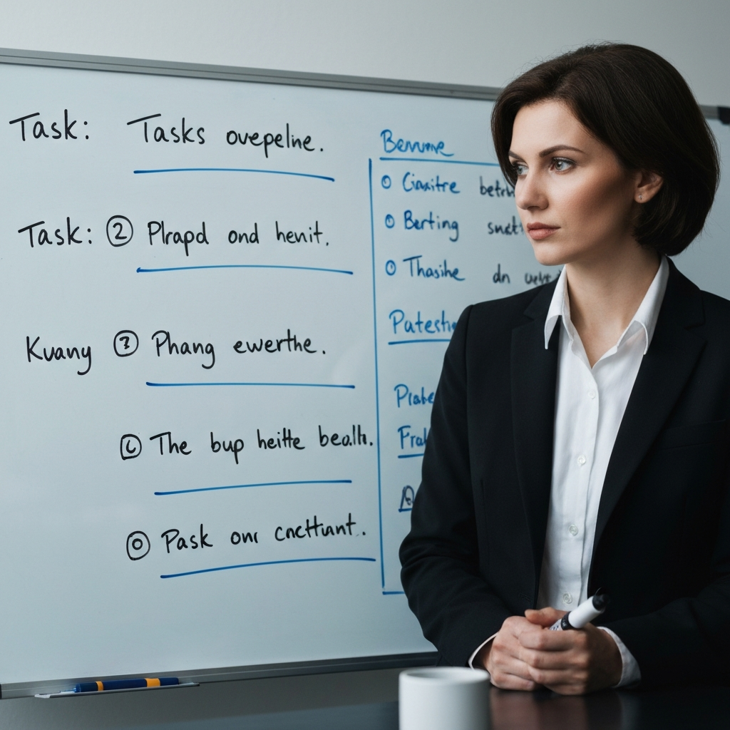 A whiteboard in a brightly lit office, with neatly written tasks and deadlines visible. One task is highlighted with a marker. The scene is clean and organized, projecting an air of productivity.