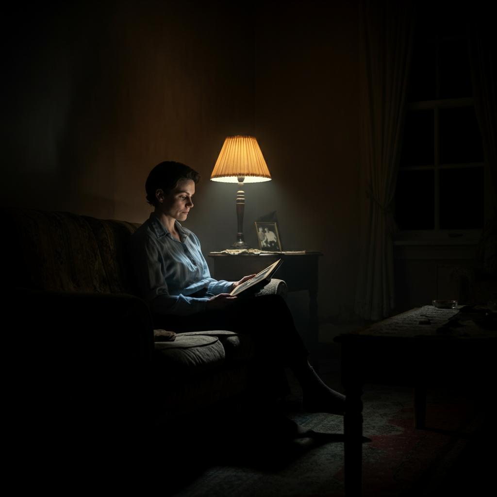 A dimly lit living room with worn furniture. A single lamp illuminates a person sitting alone, looking thoughtfully at a family photo album. Soft bokeh creates a sense of intimacy and reflection.