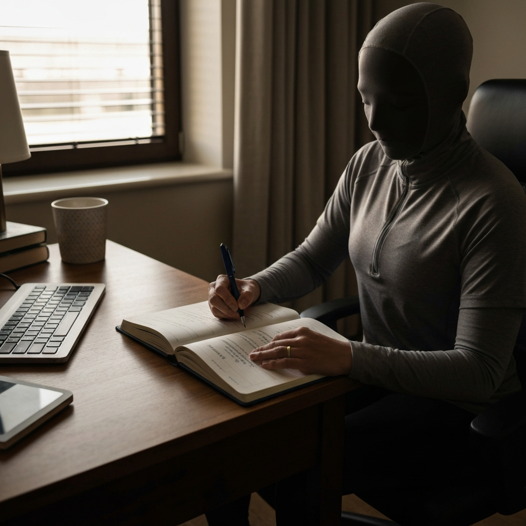 A well-lit home office. A person is sitting at a desk, writing in a journal. The journal is open to a page with headings such as "Personal Boundaries" and "Self-Care."