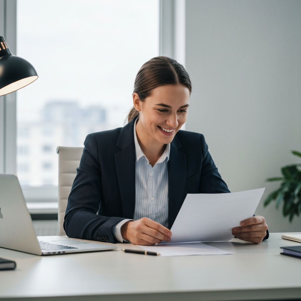 A brightly lit modern office. A person sits at a desk, smiling warmly while reviewing documents. Soft bokeh creates a comfortable atmosphere. The desk is clean and organized with a laptop, notepad, and pen.