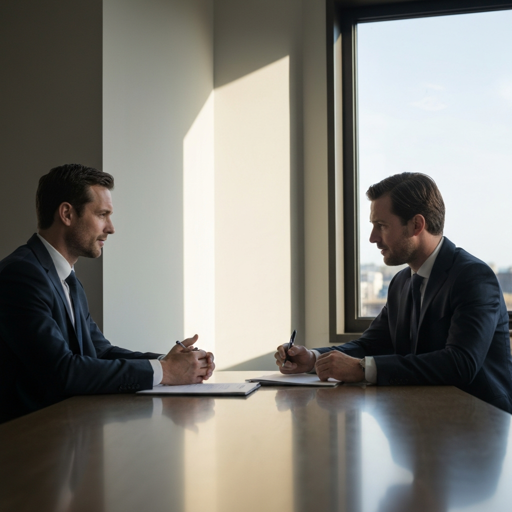 A conference room. Two people dressed in business attire are engaged in a serious but friendly conversation. Sunlight streams through a large window, casting warm light on their faces. The table is polished and reflects the light subtly.