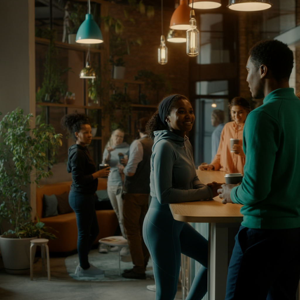 A diverse group of employees are gathered in a break room, chatting and laughing over coffee. The room is brightly colored and inviting, with plants and comfortable seating. The lighting is even and professional.