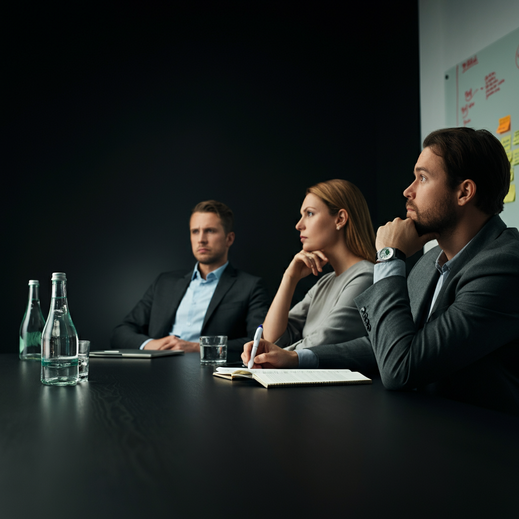 A small group of people are sitting around a table in a conference room. They are listening attentively to a speaker. The room has a whiteboard with notes on it. The lighting is bright and professional.