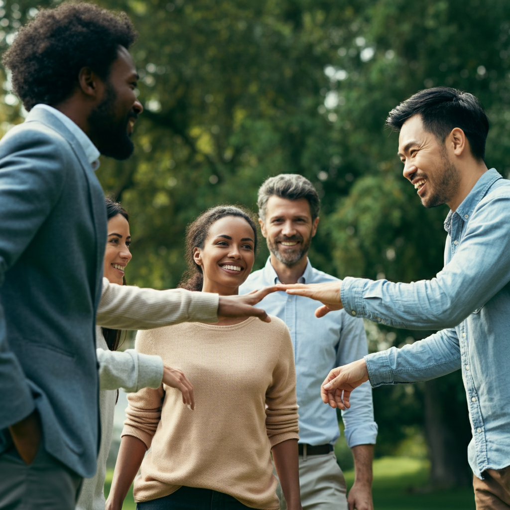 A group of colleagues are participating in a team-building exercise outdoors. They are smiling and interacting positively. The background features green trees and a clear sky. The lighting is natural and balanced.