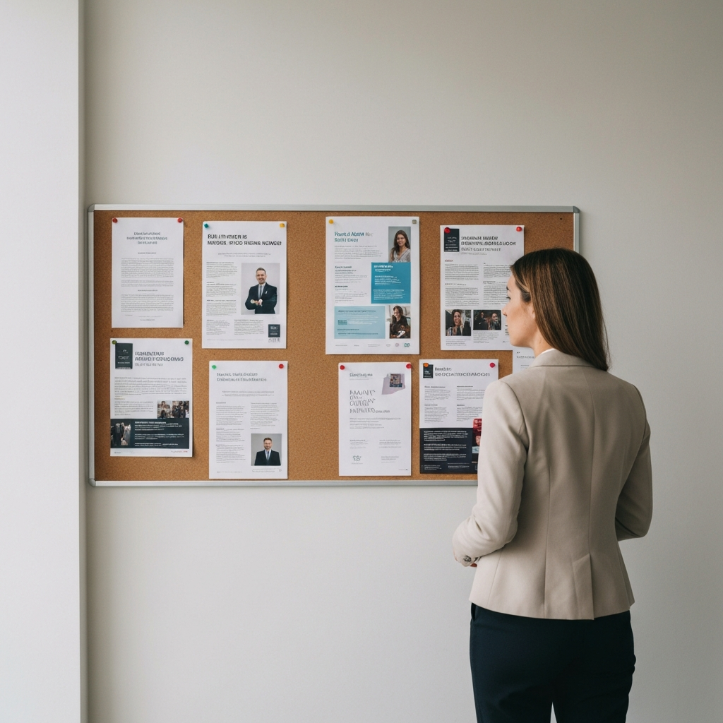 An office bulletin board displaying flyers and announcements. The flyers are colorful and professionally designed. The board is neatly organized and well-maintained. The lighting is soft and diffused.