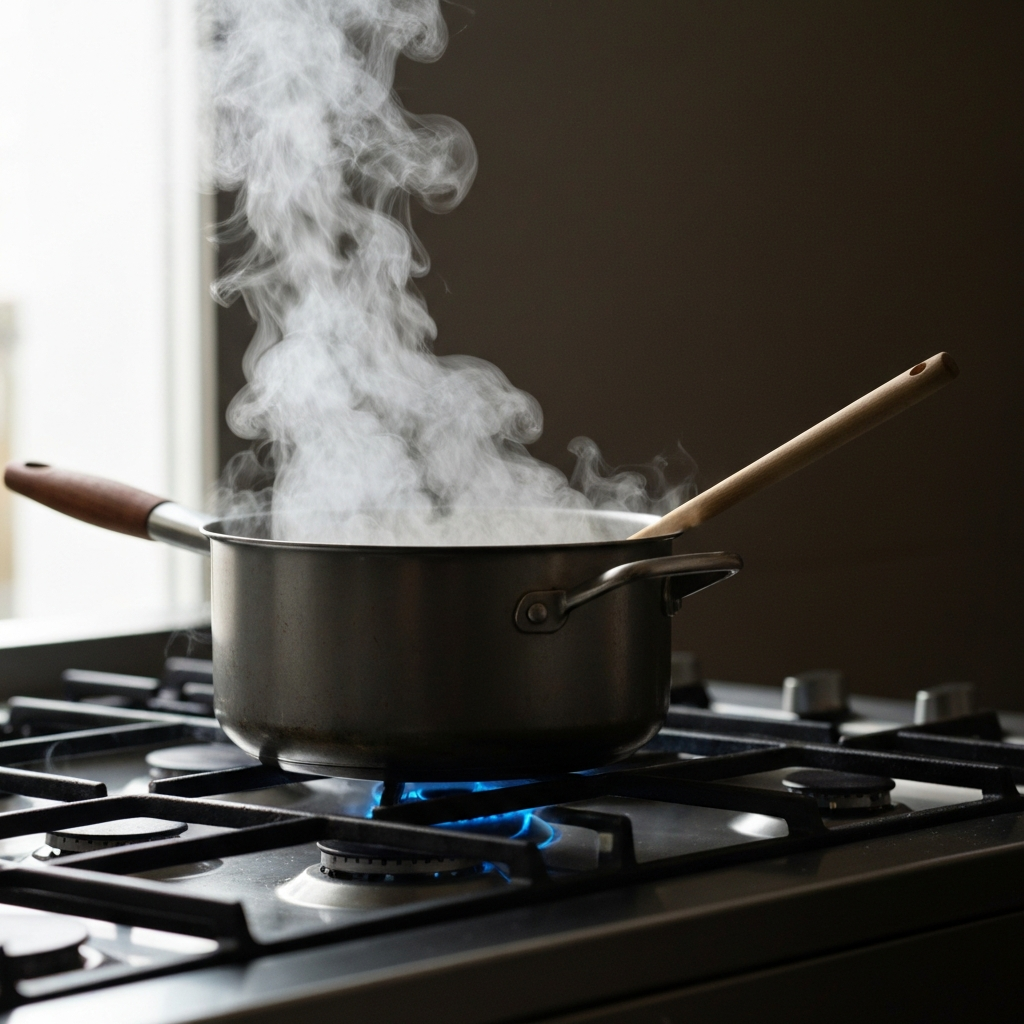 A simmering pot on a gas stove, steam rising gently, side-lit by a window, with a wooden spoon resting on the pot's edge. Soft bokeh in the background.