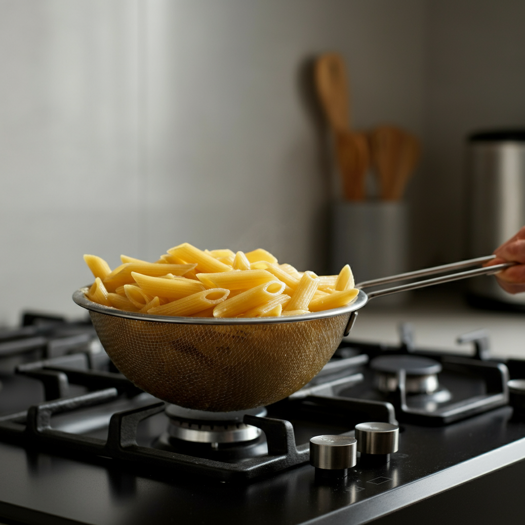 Close-up shot of penne pasta being drained in a stainless steel colander in a bright kitchen, with a slightly blurred background of the stovetop.