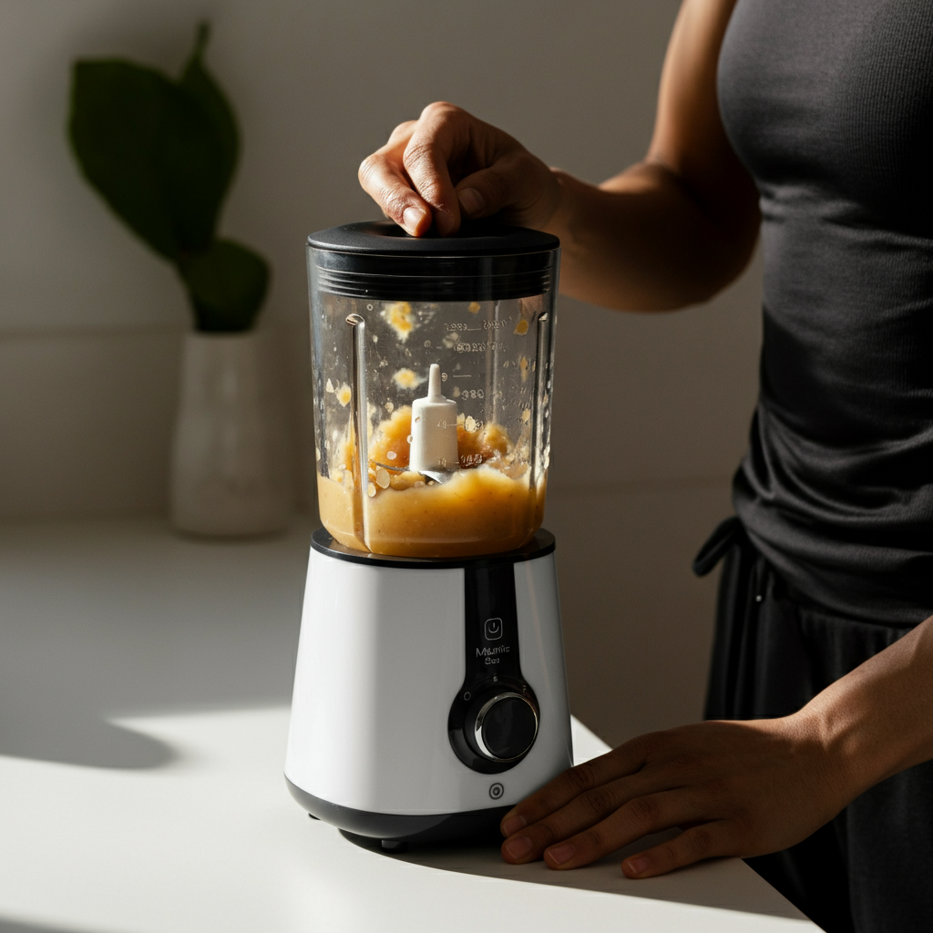An overhead shot of a small blender with garlic paste inside, illuminated by a soft, natural light, placed on a clean white countertop.