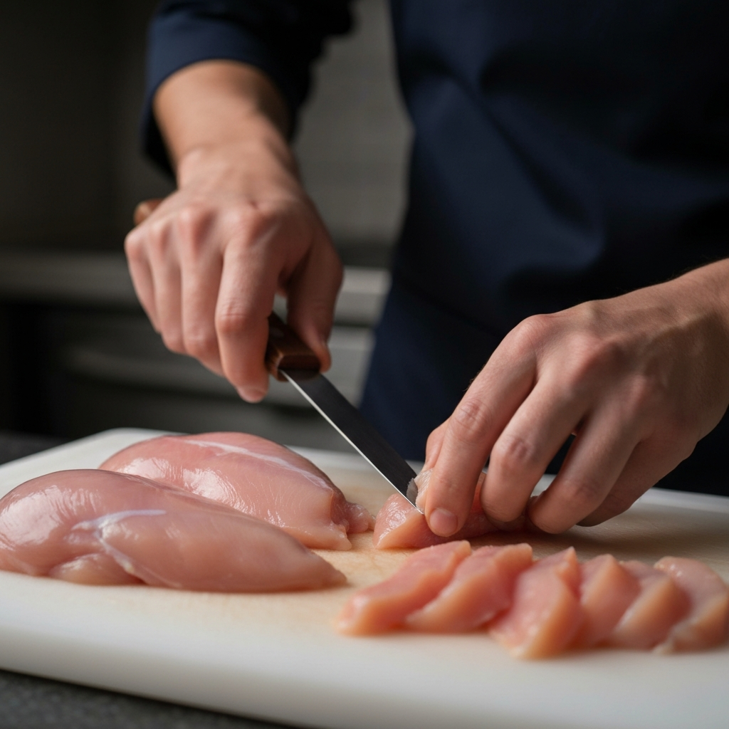Boneless chicken breasts being sliced into strips on a cutting board, with a close-up shot highlighting the texture of the raw chicken.