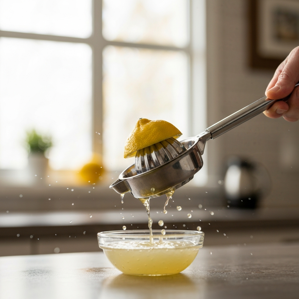 A lemon squeezer being used to extract juice from a halved lemon, with droplets of juice visible and a blurred background of a kitchen setting.