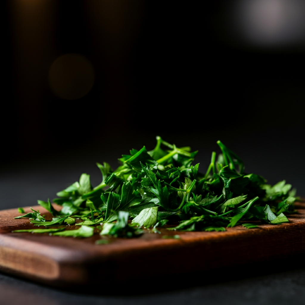 Finely chopped fresh parsley on a wooden cutting board, side-lit to emphasize the texture and vibrant green color.