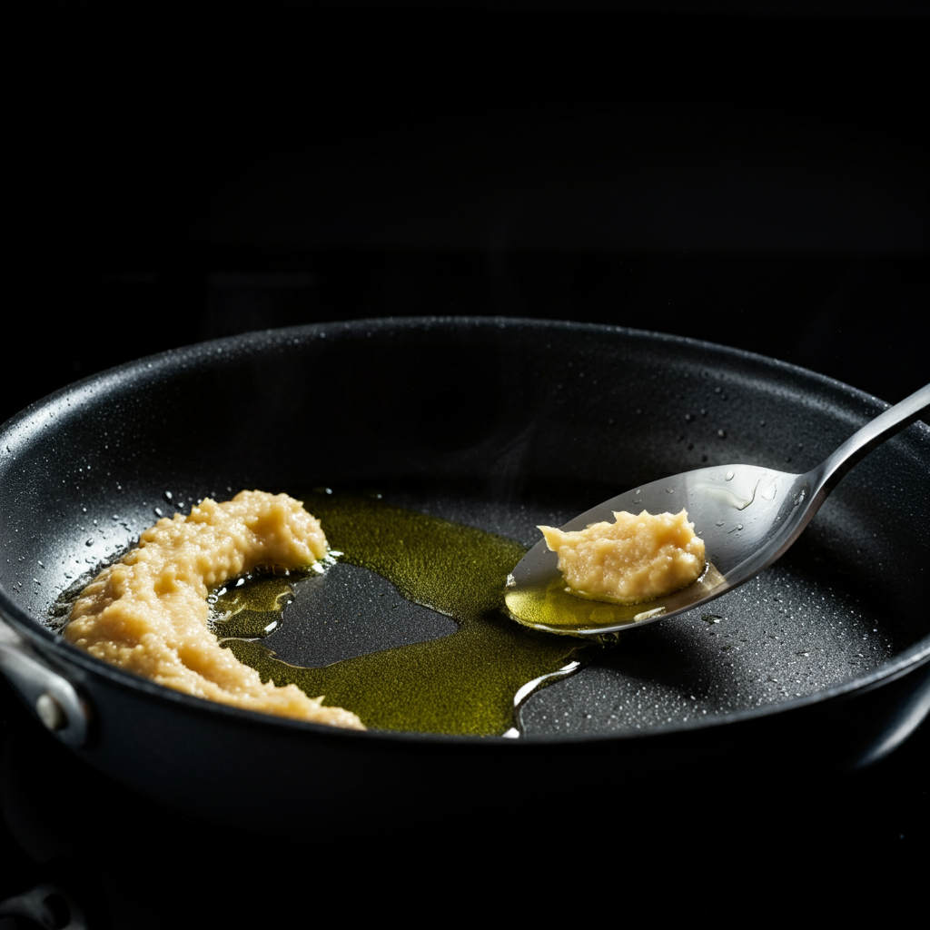 Garlic paste being sautéed in a pan with olive oil, with a close-up shot capturing the sizzling and the release of aromas.